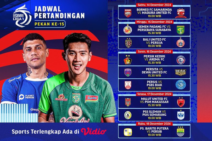 Jadwal Siaran Langsung BRI Liga 1 2024/25 Matchweek 15 di Vidio
