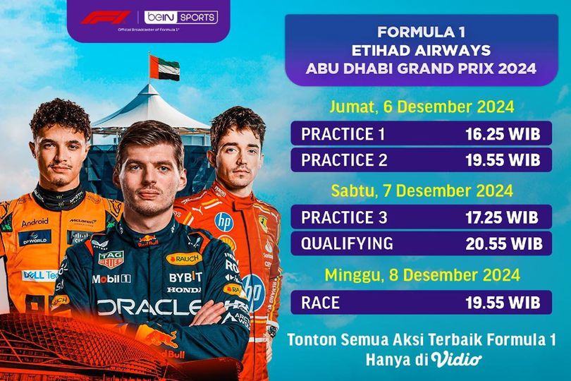 Jadwal dan Link Siaran Langsung Formula 1 Abu Dhabi Grand Prix 2024 di Vidio, 6-8 Desember 2024 Jadwal dan Link Siaran Langsung Formula 1 Abu Dhabi Grand Prix 2024 di Vidio, 6-8 Desember 2024