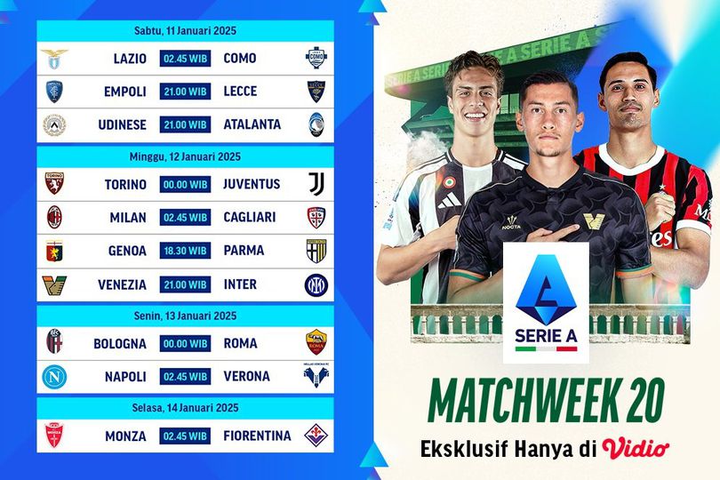 Jadwal Live Streaming Liga Italia 2024/25 Matchweek 20 di Vidio