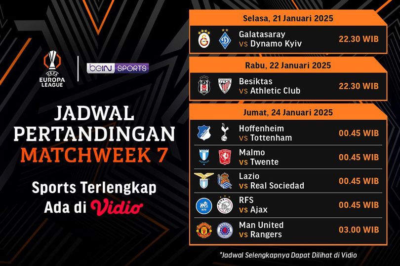 Jadwal Live Streaming Liga Europa 2024/25 Matchweek 7 di Vidio Jadwal Live Streaming Liga Europa 2024/25 Matchweek 7 di Vidio
