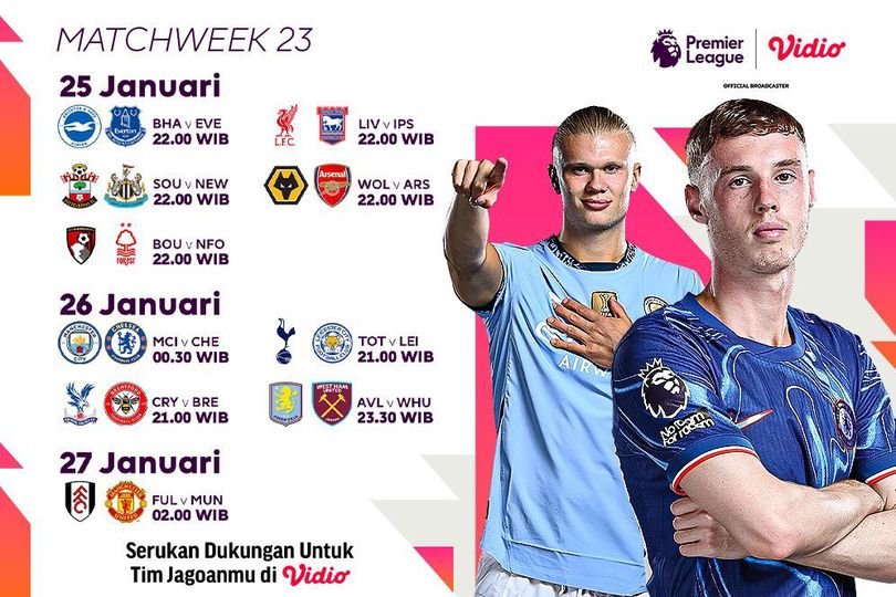 Jadwal Siaran Langsung Liga Inggris 2024/25 Matchweek ke 23 di Vidio Jadwal Siaran Langsung Liga Inggris 2024/25 Matchweek ke 23 di Vidio