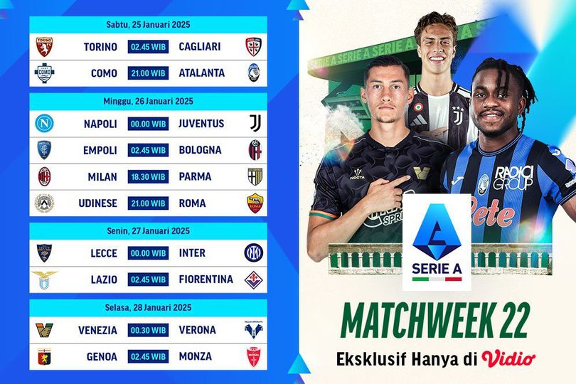 Jadwal Siaran Langsung Serie A 2024/25 Matchweek ke 22 di Vidio