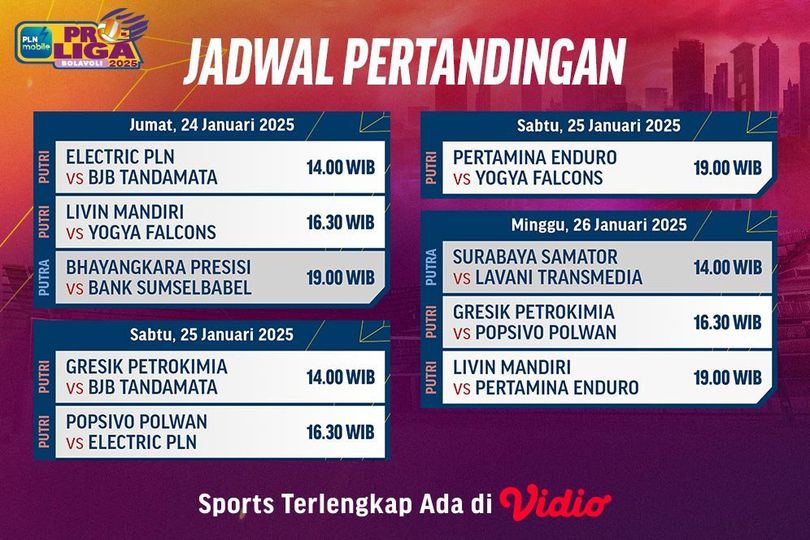 Jadwal dan Link Siaran Langsung PLN Mobile Proliga 2025 Putaran I dan II di Vidio Pekan Ini Jadwal dan Link Siaran Langsung PLN Mobile Proliga 2025 Putaran I dan II di Vidio Pekan Ini