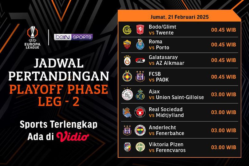 Jadwal Siaran Langsung Liga Europa 2024/25 Babak Play-off Leg Kedua di Vidio Jadwal Siaran Langsung Liga Europa 2024/25 Babak Play-off Leg Kedua di Vidio