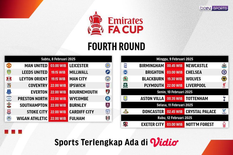 Jadwal dan Link Live Streaming FA Cup 2024/25: 4th Round di Vidio