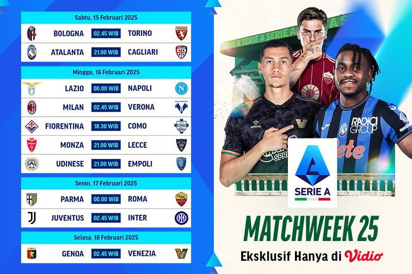 Jadwal Siaran Langsung Serie A 2024/25 Matchweek ke 25 di Vidio