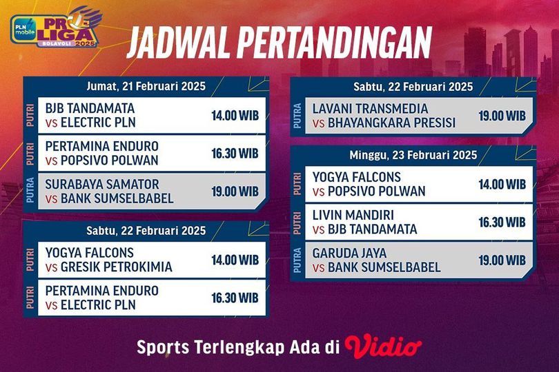 Jadwal dan Link Live Streaming PLN Mobile Proliga 2025 di Vidio Pekan Ini, 21-23 Februari 2025 Jadwal dan Link Live Streaming PLN Mobile Proliga 2025 di Vidio Pekan Ini, 21-23 Februari 2025