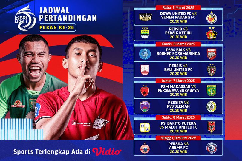 Jadwal dan Link Siaran Langsung BRI Liga 1 2024/25 Matchweek 26 di Vidio