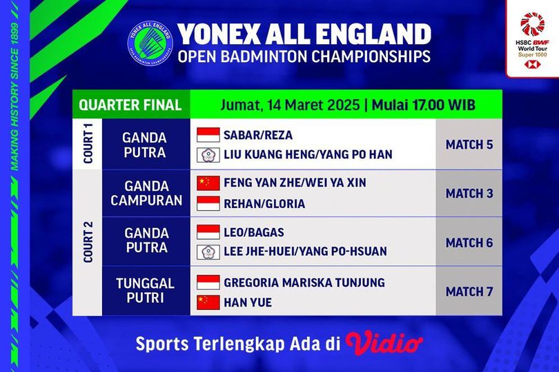 Live Streaming BWF Yonex All England Open Badminton Championship 2025 Quarter Final di Vidio