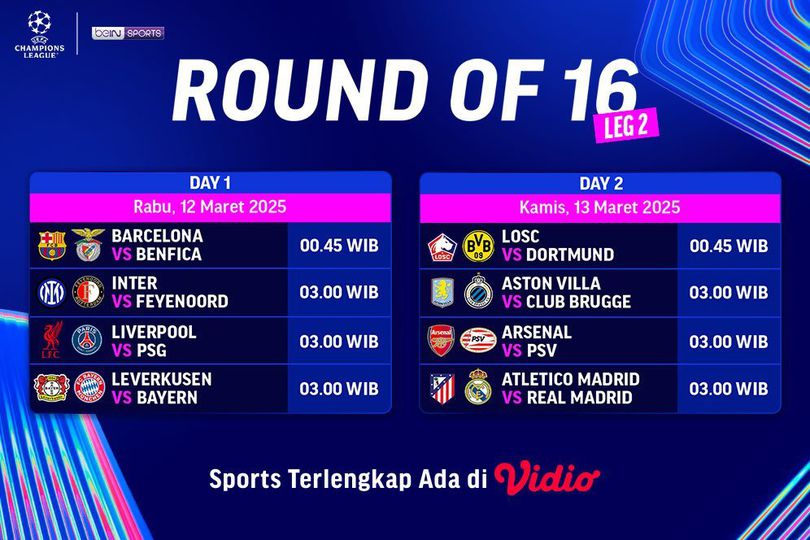 Jadwal dan Live Streaming Liga Champions 2024/25 Babak Round of 16 di Vidio