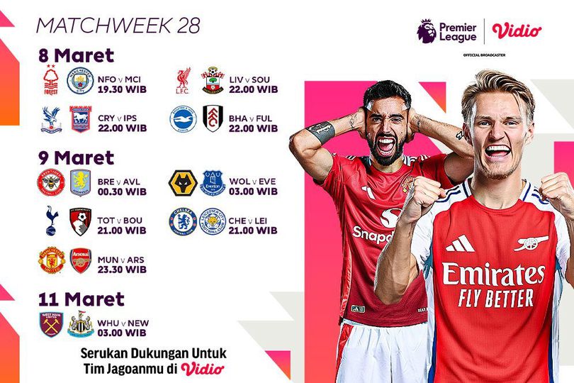 Jadwal Live Streaming Liga Inggris 2024/25 Matchweek ke 28 di Vidio