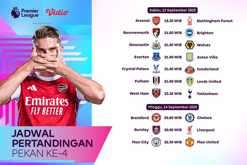 Cek Jadwal dan Live Streaming Premier League 2025/2026 Pekan Keempat, di Vidio Cek Jadwal dan Live Streaming Premier League 2025/2026 Pekan Keempat, di Vidio