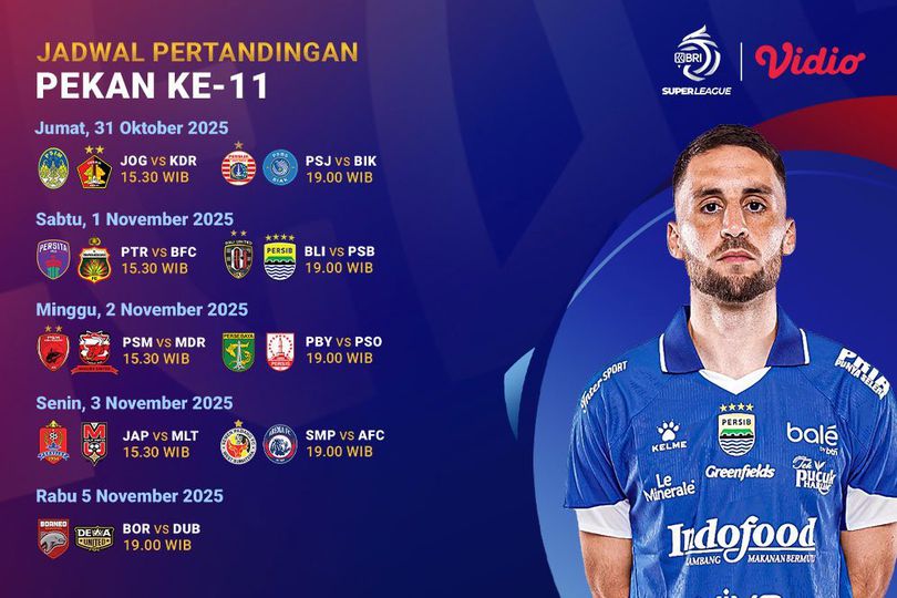 Cek Jadwal BRI Super League 2025/26 Pekan ke-11, Tayang Eksklusif di Vidio Cek Jadwal BRI Super League 2025/26 Pekan ke-11, Tayang Eksklusif di Vidio