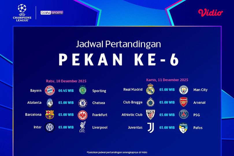 Simak Jadwal Pertandingan Liga Champions Pekan Ke-6, Eksklusif di Vidio