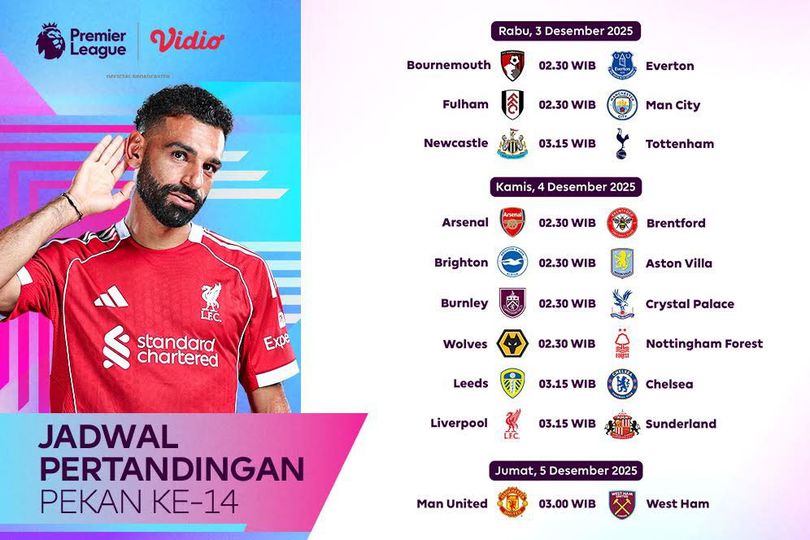 Simak Jadwal Liga Inggris Pekan ke-14 2025/26, Eksklusif di Vidio