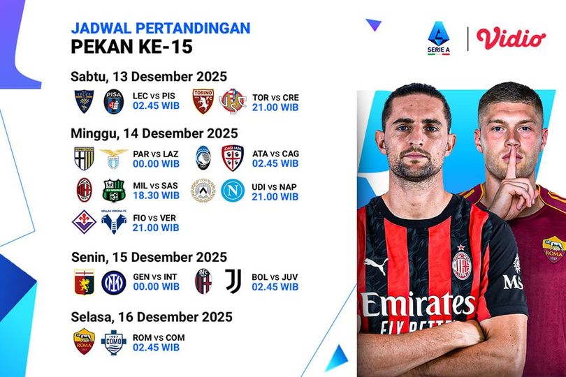 Jadwal Live Streaming Serie A 2025/26 Matchday 15 di Vidio Akhir Pekan Ini
