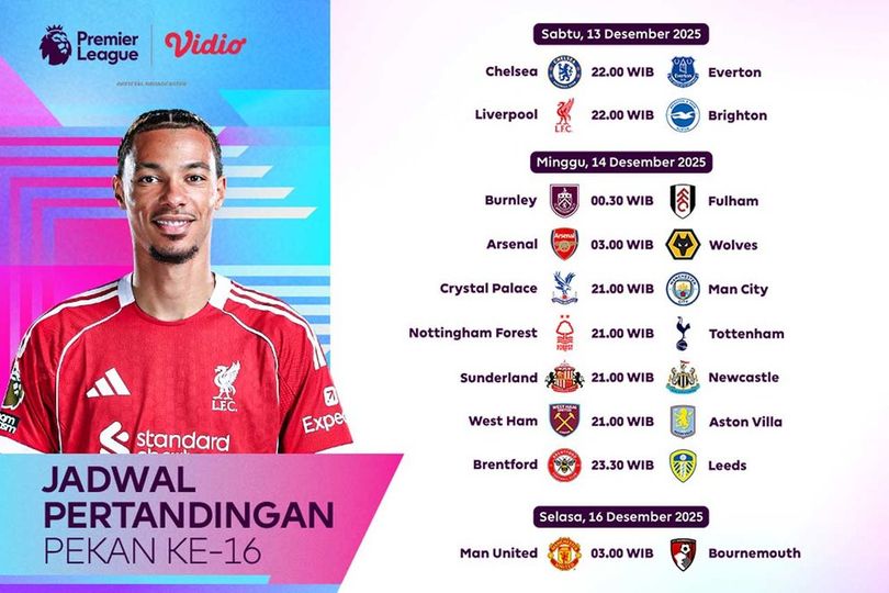 Berikut Jadwal dan Siaran Pertandingan Liga Inggris Pekan ke-16, Tayang di Vidio Berikut Jadwal dan Siaran Pertandingan Liga Inggris Pekan ke-16, Tayang di Vidio