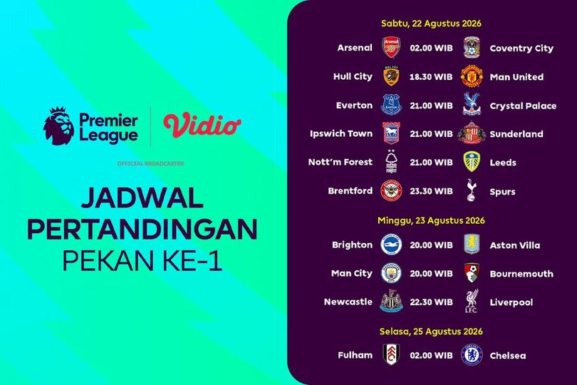 Jadwal Liga Inggris 2026/27: Tiga Laga Besar pada Matchweek Pembuka di Vidio Jadwal Liga Inggris 2026/27: Tiga Laga Besar pada Matchweek Pembuka di Vidio