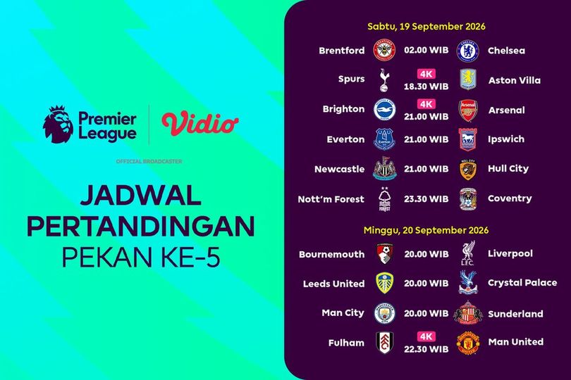 Jadwal Premier League 2026/27 Pekan Ke-5: Head-to-Head Beberapa Laga Menarik di Vidio Jadwal Premier League 2026/27 Pekan Ke-5: Head-to-Head Beberapa Laga Menarik di Vidio