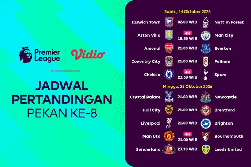 Premier League 2026/27: Beberapa Duel Akan Tersaji dari Matchweek 8 dengan Kualitas 4K di Vidio Premier League 2026/27: Beberapa Duel Akan Tersaji dari Matchweek 8 dengan Kualitas 4K di Vidio