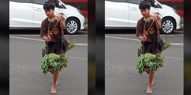 Meski Terlihat Lelah, Remaja Ini Tetap Semangat Jualan Kangkung Tanpa Pakai Sandal