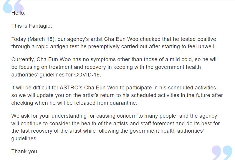 Cha Eun Woo Covid-19