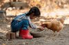 Anak Kamboja tengah memberi makan ayam, rentan terpapar flu burung