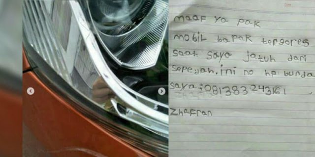 Senggol Mobil dengan Sepeda, Bocah Ini Minta Maaf Lewat Surat