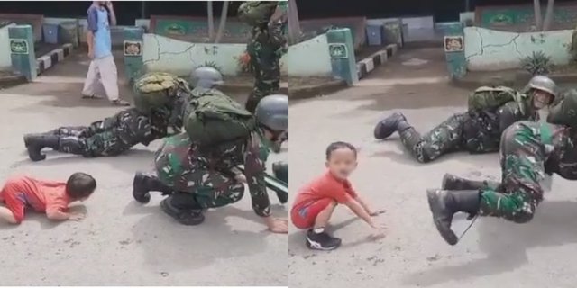 Bikin Gemes! Begini Momen Bocah Ikut Latihan Tentara