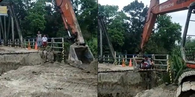 Collapsed Bridge, This Elementary School Student Crosses by Riding an Excavator