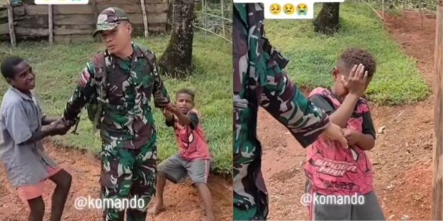 Emotional Moment of Papua Child Crying Because Unwilling to Be Separated from TNI Soldier on Duty