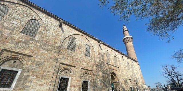 Portrait of Ulu Cami Mosque in Bursa, Turkey with 20 Domes and 192 Calligraphy, Serene Heart Inside