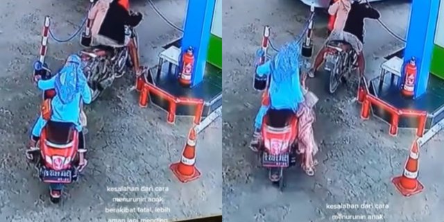 Rekaman CCTV Detik-Detik Mendebarkan Motor Ibu-Ibu Nyelonong Tak Terkendali di Pom Bensin Sampai Tabrak Mobil, Anaknya Terseret