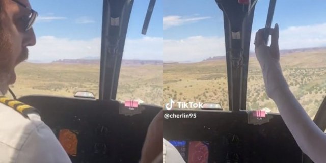 Moments Pilot Angry Seeing Woman Want to Pull Lever in Cockpit While Helicopter Flying