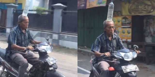 Emak-Emak Move Aside First, It's Time for Fathers to Show Off Their Skills Riding Supra Motorbike While Carrying a Bottle of Water on Their Head