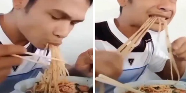 Hilarious! This Man's Action of Eating Chicken Noodles is Beyond Reason: Chewy and Tough Like Rubber, Noodles Stuck in His Teeth and Hit His Lips