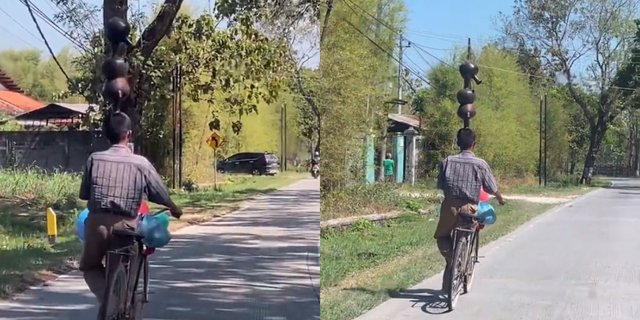 Viral Action of a Man in Blora Riding a Bicycle While Carrying 3 Water Jugs on His Head, His Balancing is Above Average