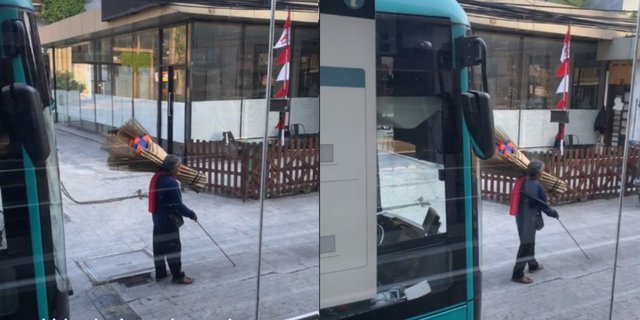 Respect! Bus Driver Drives Slowly and Doesn't Honk Behind Visually Impaired Person Walking Slowly