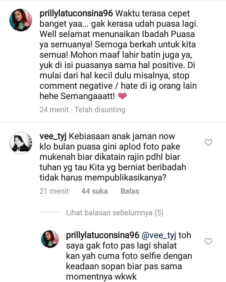 Prilly Latuconsina berbalas komentar dengan haters