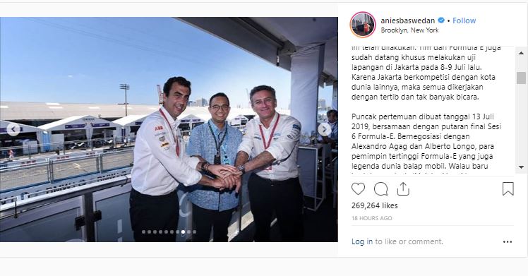 Gubernur DKI Jakarta, Anies Baswedan bertemu dengan petinggi Formula E (foto: Instagram)