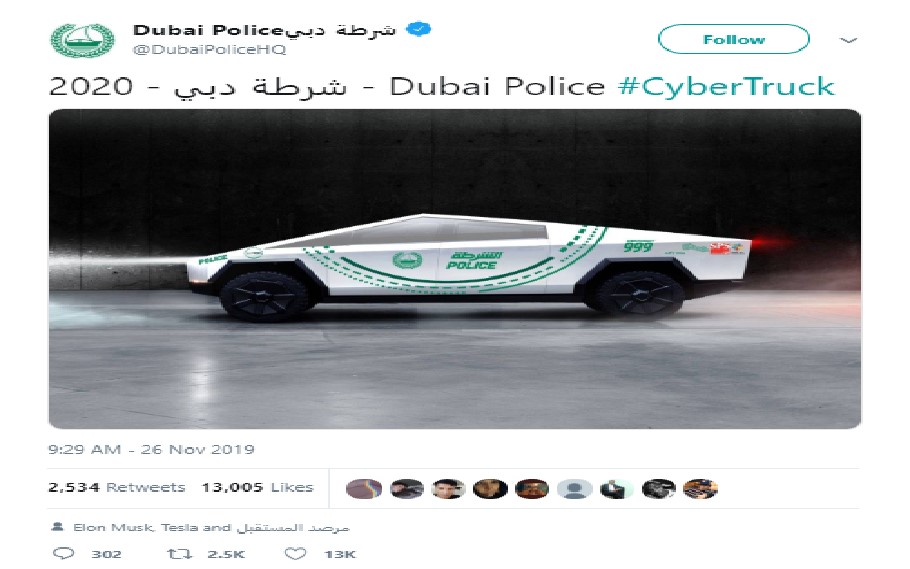 Cybertruck akan bergabung di armada Kepolisian Dubai