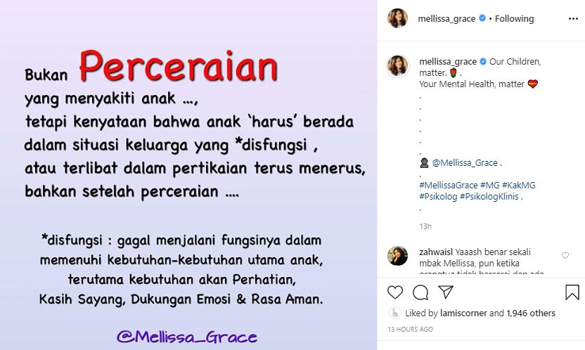 Unggahan Mellisa Grace soal perceraian