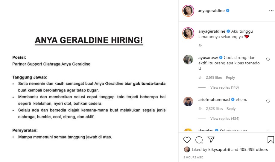 Anya Geraldine buka lowongan