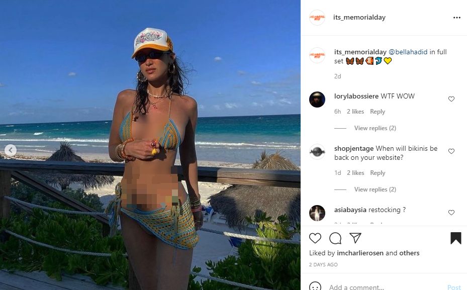 Bella Hadid dengan Bikini Rajut dari Memorial Day