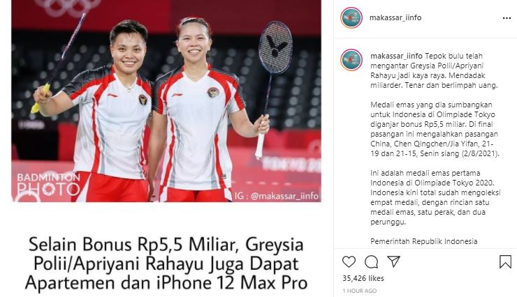 Greysia Polii dan Apriyani Rahayu meraih medali emas di Olimpiade Tokyo 2020.