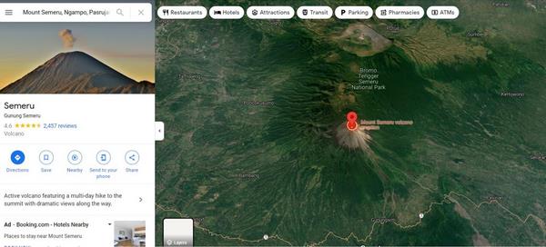 Citra satelit Google Maps memperlihatkan kondisi Gunung Semeru.