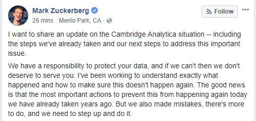 Zuckerberg's First Comment on Facebook Post about Cambridge Analytica