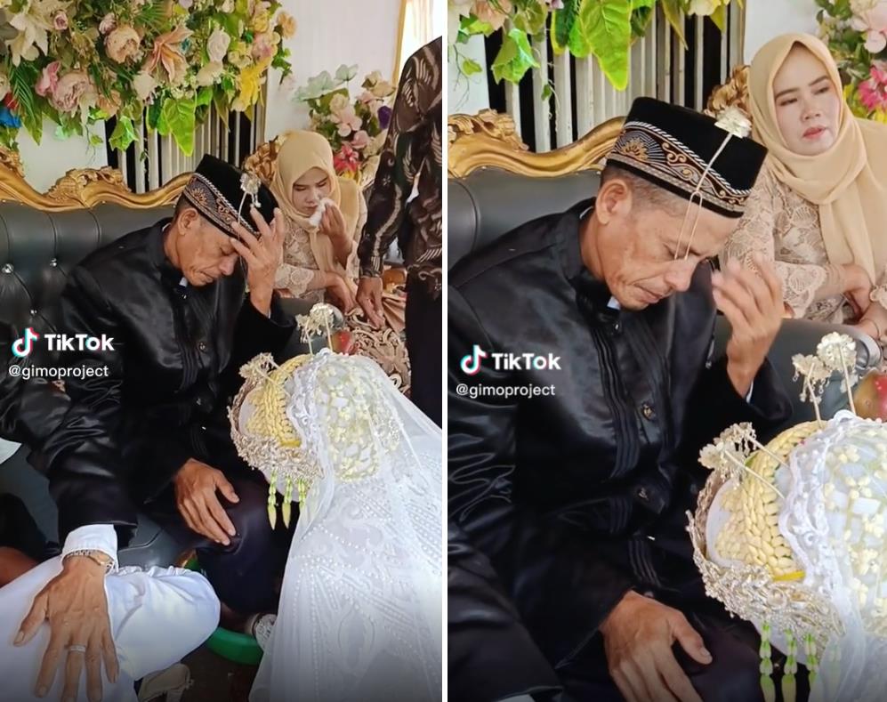 Funny moment during the sungkeman ceremony in a Sundanese wedding.