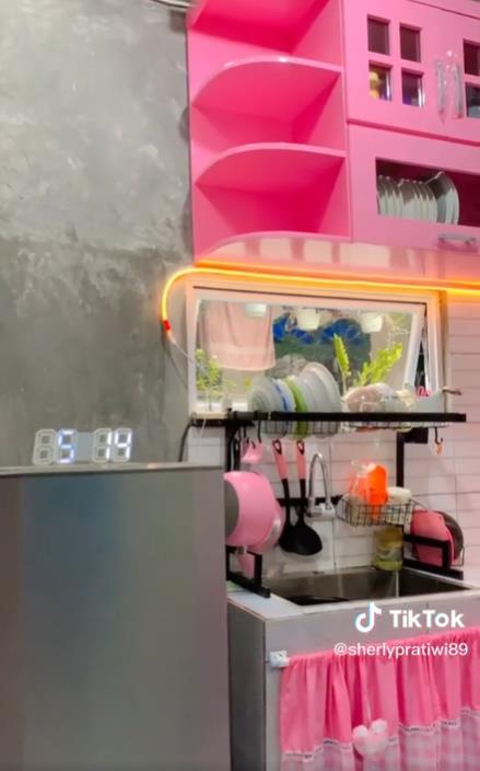 Makeover of a narrow kitchen into a pink dream kitchen.