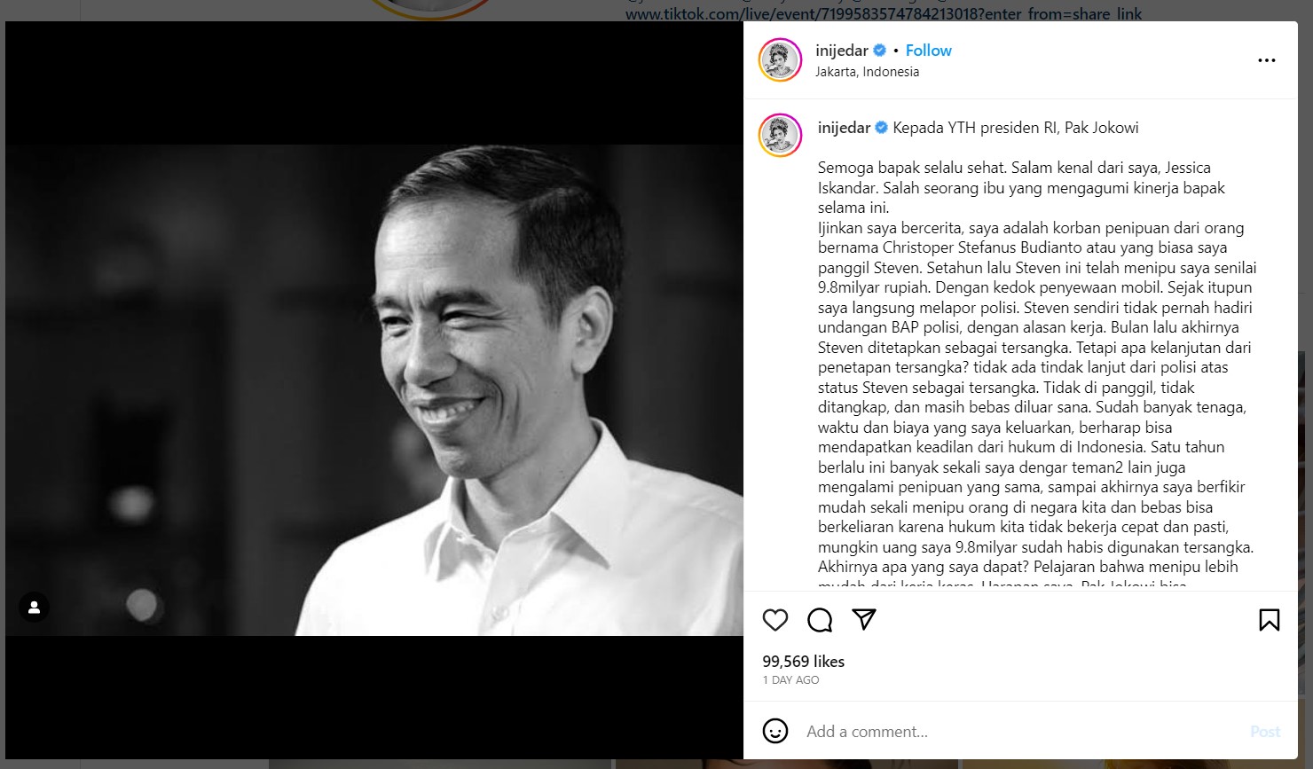 Unggahan Jessica Iskandar kepada Jokowi
